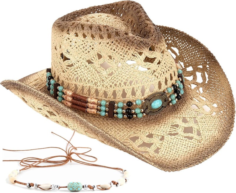 Foeran Men's Women's Straw Cowboy Hat Cowgirl Woven Sun Hat Western Cowboy Hat Two Decorative Bands - Image 1